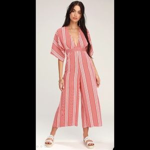 Red + White Striped V-Neck Wide Leg Jumpsuit